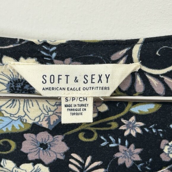 AEO SOFT & SEXY Dress S Floral Knit Navy Fit & Flare Bell LS Keyhole Flowy Cut - Picture 5 of 12